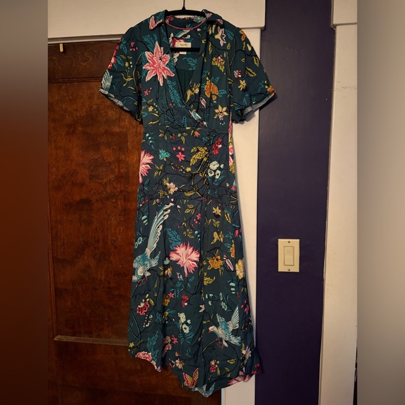 Maeve Anthropologie Teal Silky Buttonfront Shirt Dress Green Multi Floral - Picture 9 of 14